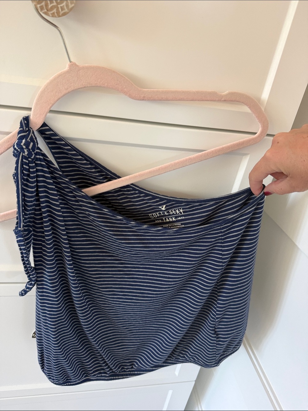 American Eagle Outfitters Navy and White Striped One-Shoulder Tie Tank